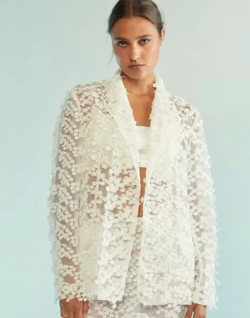 Outlet Cynthia Rowley 3D Embroidered Tulle Blazer White