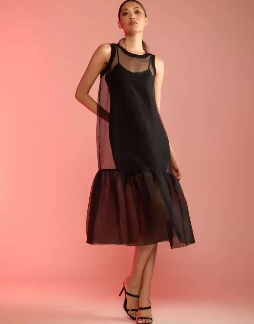 Sale Cynthia Rowley Carrie Organza Midi Dress Black