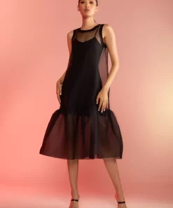 Sale Cynthia Rowley Carrie Organza Midi Dress Black