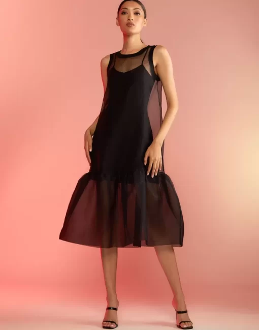 Sale Cynthia Rowley Carrie Organza Midi Dress Black