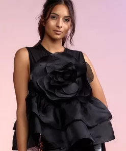 Best Sale Cynthia Rowley Chloe Organza Flower Top Black