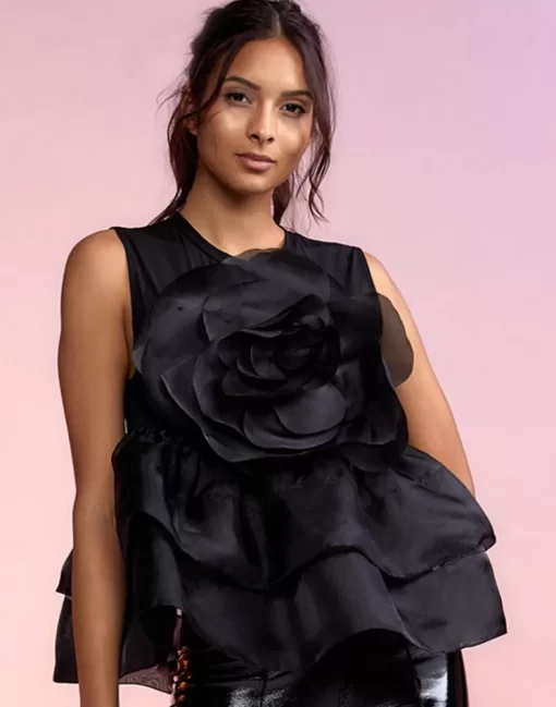 Best Sale Cynthia Rowley Chloe Organza Flower Top Black