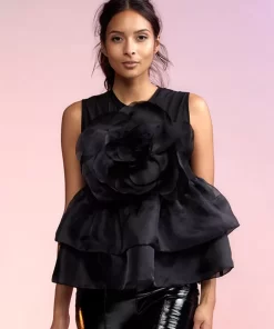 Best Sale Cynthia Rowley Chloe Organza Flower Top Black