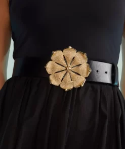 Clearance Cynthia Rowley Gold Flower Buckle Belt Black