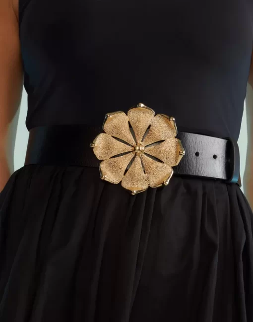 Clearance Cynthia Rowley Gold Flower Buckle Belt Black