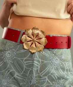 Best Sale Cynthia Rowley Gold Flower Buckle Belt Red