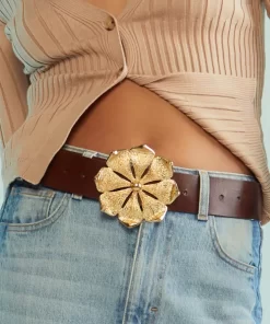 Fashion Cynthia Rowley Gold Flower Buckle Belt Brown