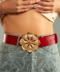 Best Sale Cynthia Rowley Gold Flower Buckle Belt Red