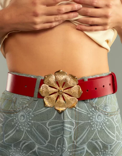 Best Sale Cynthia Rowley Gold Flower Buckle Belt Red