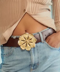 Fashion Cynthia Rowley Gold Flower Buckle Belt Brown