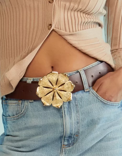 Fashion Cynthia Rowley Gold Flower Buckle Belt Brown