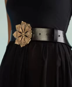 Clearance Cynthia Rowley Gold Flower Buckle Belt Black