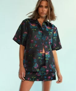 Best Sale Cynthia Rowley Harper Jacquard Camp Shirt Blkmt