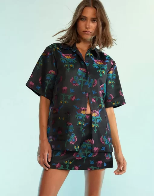 Best Sale Cynthia Rowley Harper Jacquard Camp Shirt Blkmt