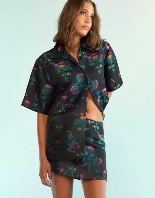 Best Sale Cynthia Rowley Harper Jacquard Camp Shirt Blkmt