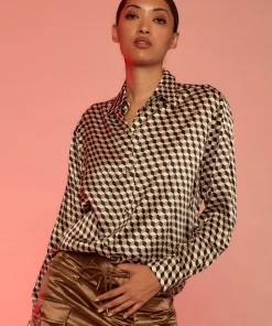 Clearance Cynthia Rowley Illusion Geometric Silk Shirt Tpmul