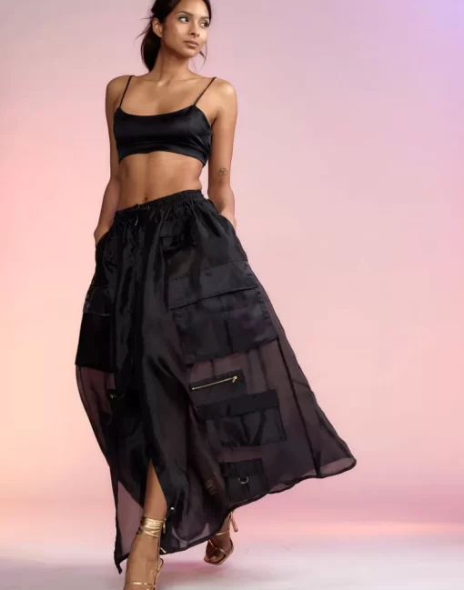 Clearance Cynthia Rowley Organza Cargo Skirt Black