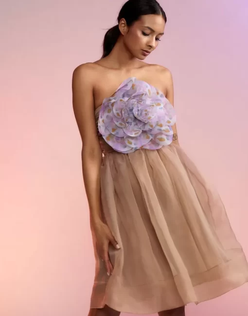 Shop Cynthia Rowley Organza Flower Strapless Dress Camel