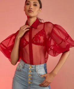 Best Sale Cynthia Rowley Sheer Bliss Blouse Red