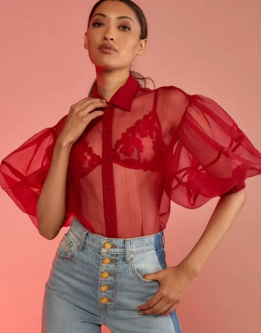 Best Sale Cynthia Rowley Sheer Bliss Blouse Red